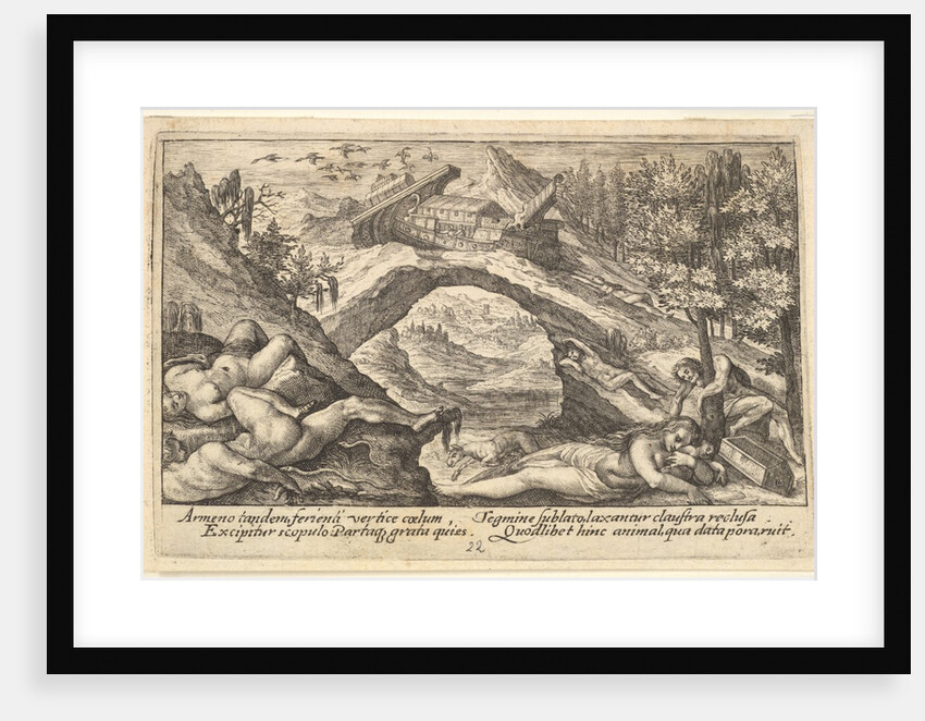 Aftermath of the Flood: human bodies strewn on dry land in the foreground, Noah's ark moor…, 1612 by Crispijn de Passe I