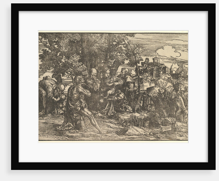Mary seated beneath trees with baby, flanked by Joseph at left and St. Jerome at right; St…, 1517 by Domenico Campagnola