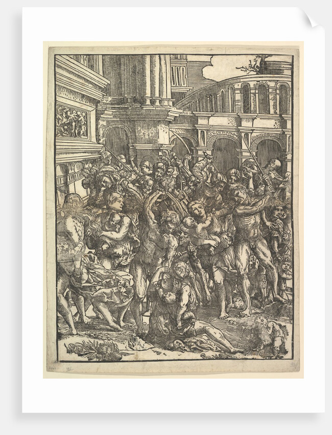 The Massacre of the Innocents with group of male figures attacking women and …, 1517 by Domenico Campagnola