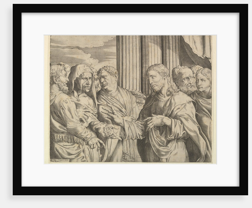 The Triubute Money: Christ at center right gesturing to man at his left with coins …, ca. 1564-89 by Domenico Campagnola