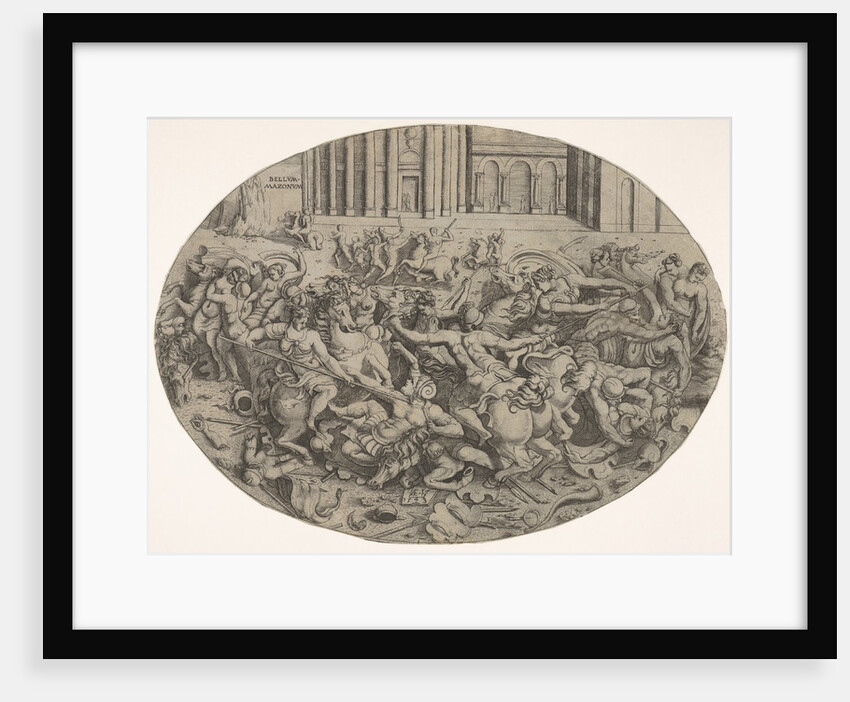 Combat between Amazons and men in front of architectural arcades, an oval composition with…, 1543 by Enea Vico