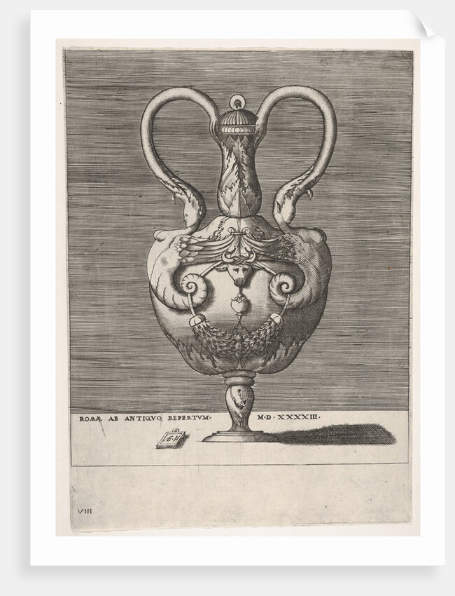 Antique Lidded Vase with Two Handles emerging from the Heads of Hybrid Female Sph…, 1543 or after by Enea Vico