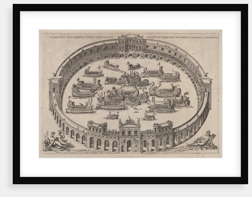 Naval engagement set inside a Roman arena, with the river Tiber and nymphs at lower lef…, 1577-85 by Etienne Duperac