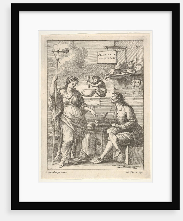 A monkey working a mortar and pestle, below Lorenzo Lippi writing his humorous …, ca. 1710-64 by Francesco Zuccarelli