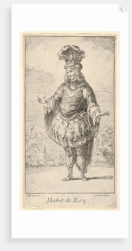 Habit de Roy: a man wearing a tonnelet decorated with rosettes, a crown and a turban w…, ca. 1721 by Francois Joullain