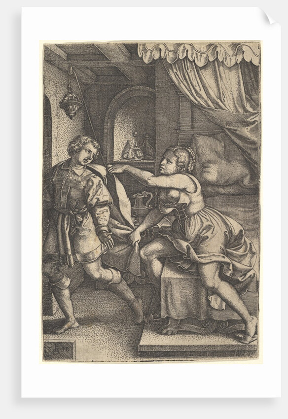Joseph strides away from Potiphar's wife, who clutches his cloak with both hands as she st…, 1546 by Georg Pencz