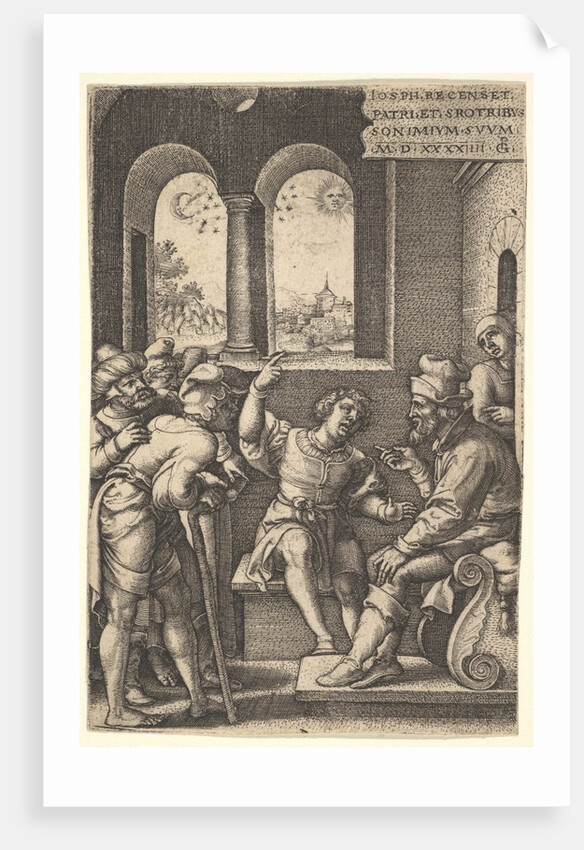 Joseph explains his dream to his brothers and father in an interior setting; the sun, moon…, 1544 by Georg Pencz