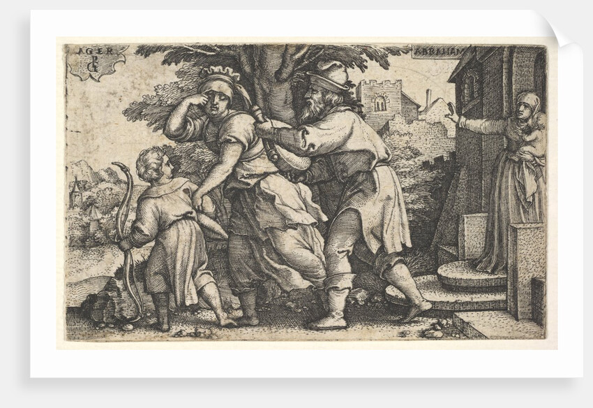 Abraham sending away Hagar and Ishmael: Abraham holds forth a vessel as Hagar and Ishm…, ca. 1543 by Georg Pencz