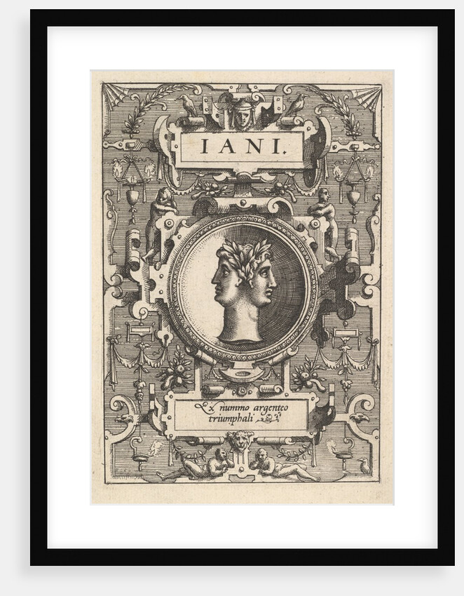 Bust of Janus surrounded by strapwork, from the series 'Deorum dearumque,' a set of images…, 1573 by Johannes van Doetecum I/Lucas van Doetecum