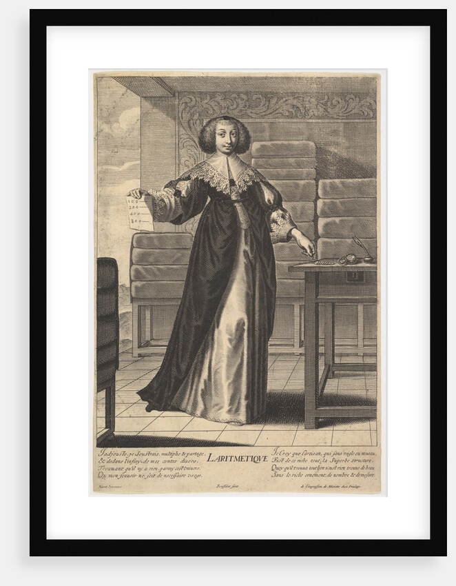 Arithmetic: a young woman standing at a table, holding a sheet with inscribed numbers i…, 1633-35 by Gilles Rousselet