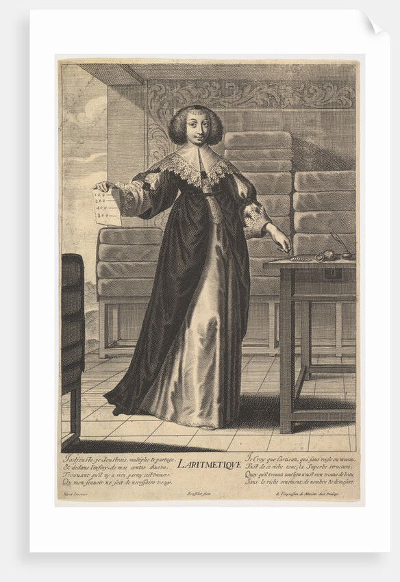 Arithmetic: a young woman standing at a table, holding a sheet with inscribed numbers i…, 1633-35 by Gilles Rousselet