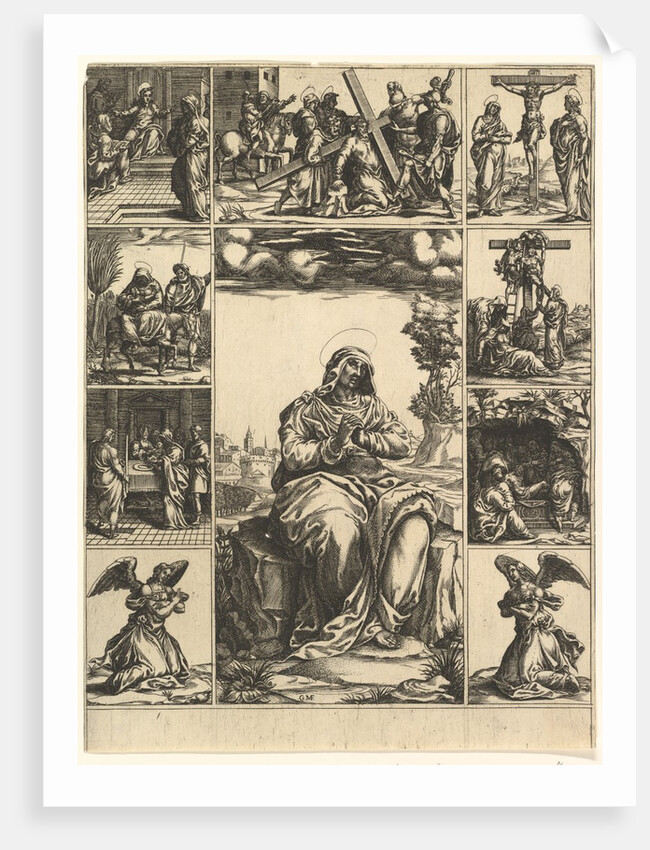 The Virgin of Sorrows; an image of the Virgin Mary surrounded by nine vignettes depict…, ca. 1575 by Giorgio Ghisi