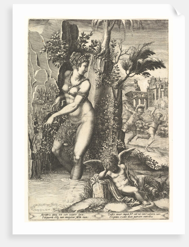 Venus pricked by the thorns on a rose bush, in the background Mars chasing Adonis, in the …, 1556 by Giorgio Ghisi