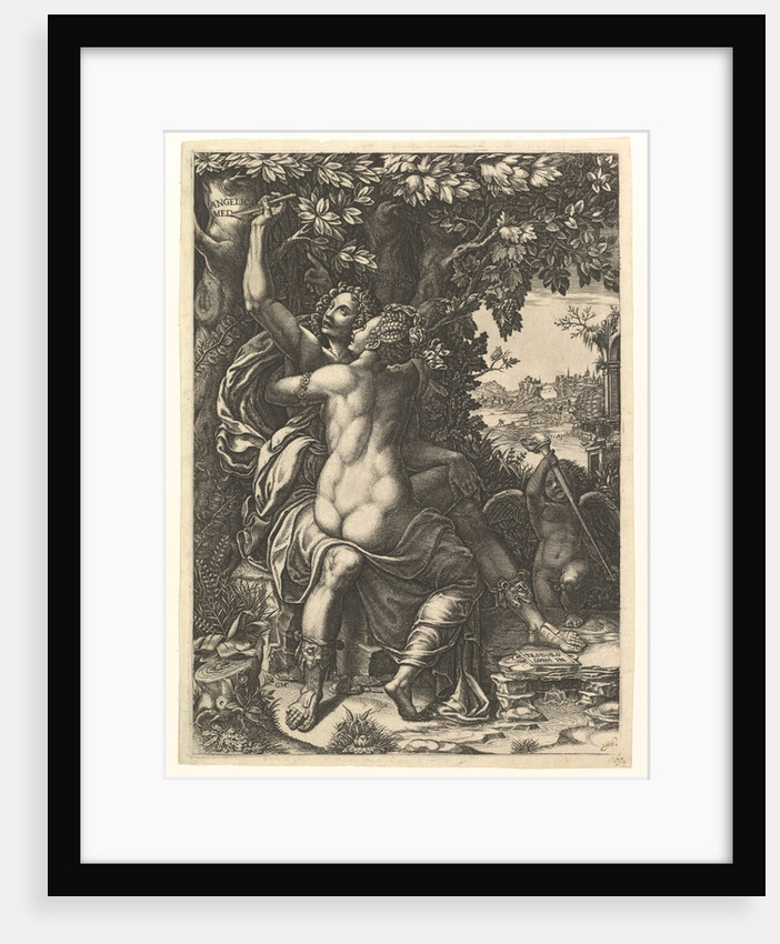 Angelica and Medoro; the couple embracing, Medoro carving their names in the bark of a…, ca. 1570 by Giorgio Ghisi