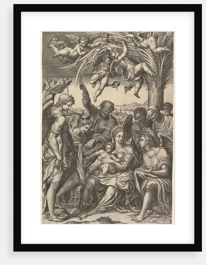Rest on the Flight into Egypt; the Holy Family under a palm tree surrounded by angels, put…, 1578 by Giorgio Ghisi