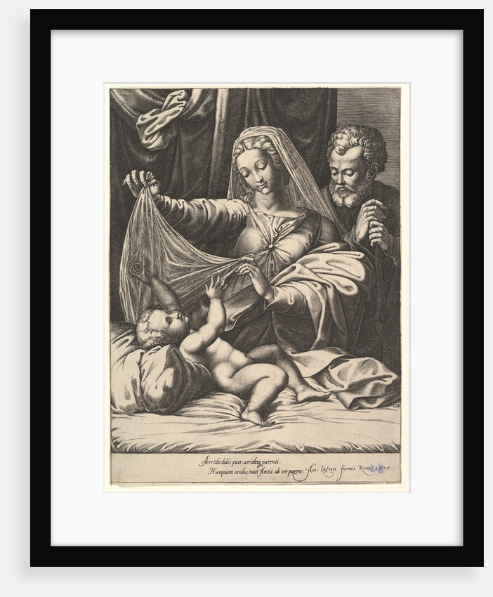 Madonna of Loreto, the Virgin lifts a veil above the Child, who lies on a bed and pillow…, 1575 by Giorgio Ghisi
