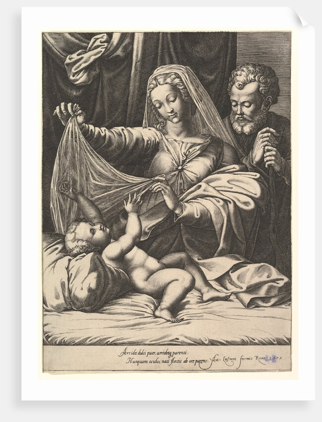 Madonna of Loreto, the Virgin lifts a veil above the Child, who lies on a bed and pillow…, 1575 by Giorgio Ghisi