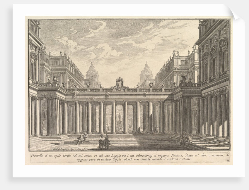 View of a courtyard with a loggia, fountains, statues, and other ornament by Giovanni Battista Piranesi