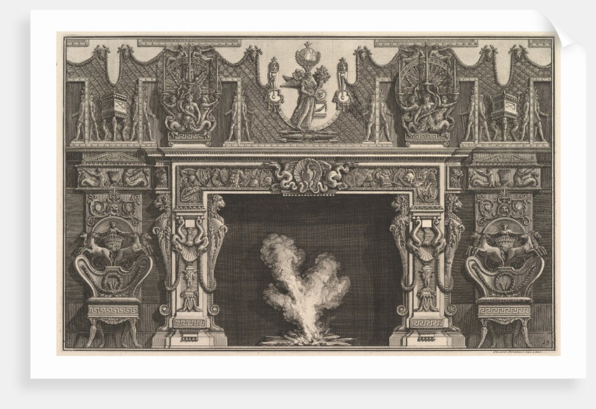 Bird in shell at the center of the lintel, with a frieze of trophies, surmounted by an…, 1769 by Giovanni Battista Piranesi