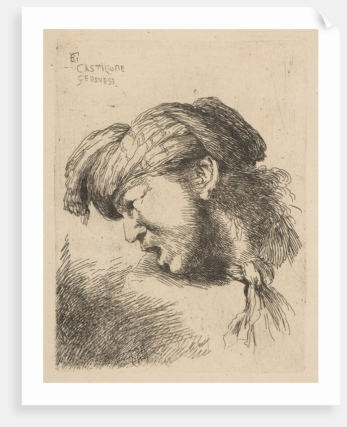 Man wearing a turban, a tie fastened around his neck, facing left, from the series …, ca. 1645-50 by Giovanni Benedetto Castiglione