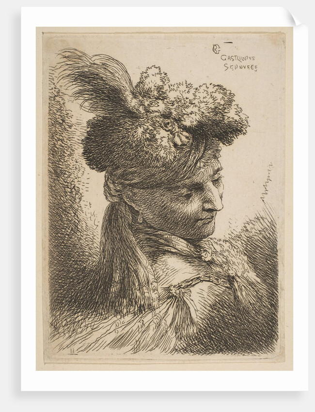Young man facing three quaters right wearing a fur headdress with a plume, jewel an…, ca. 1645-50 by Giovanni Benedetto Castiglione