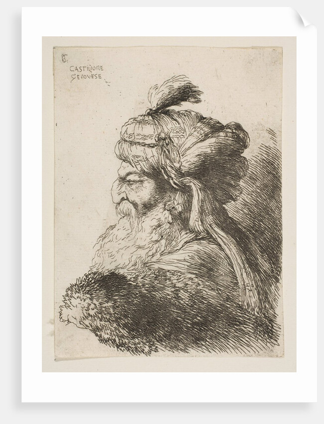 Head of an old man with a turban facing left, from the series of 'Small Heads in …, ca. 1645-1650 by Giovanni Benedetto Castiglione