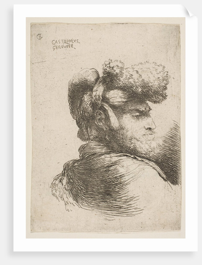 Man in profile facing right, wearing a fur hat, from series of 'Small Heads in Or…, ca. 1645-1650 by Giovanni Benedetto Castiglione