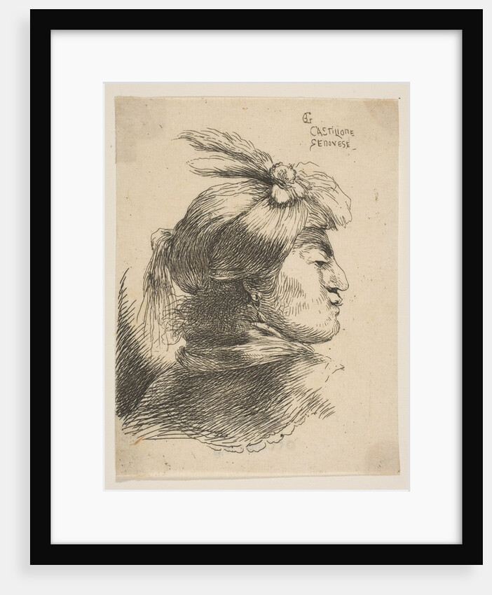 Man wearing a small turban Oonamented with plumes and ribbon, facing right, from …, ca. 1645-1650 by Giovanni Benedetto Castiglione