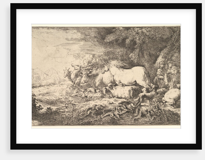 Entry of the animals into Noah's ark, three men follow quadrupeds and birds stridin…, ca. 1650-55 by Giovanni Benedetto Castiglione