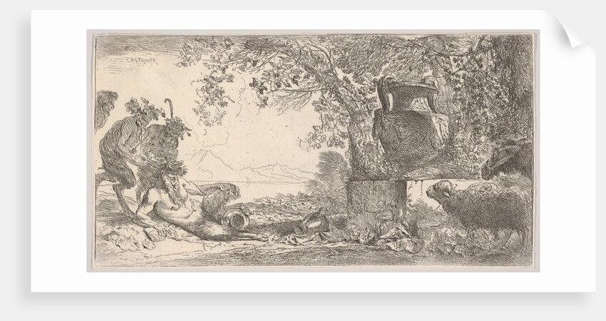 Pan reclining at left with two standing satyrs, a large vase on a pedestal at right, ca. 1645 by Giovanni Benedetto Castiglione