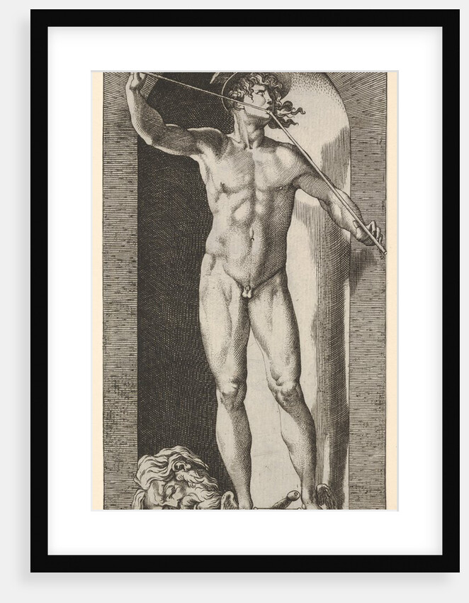 Plate 14: Mercury standing in a niche playing his pipes, with the severed head of an old m…, 1526 by Giovanni Jacopo Caraglio