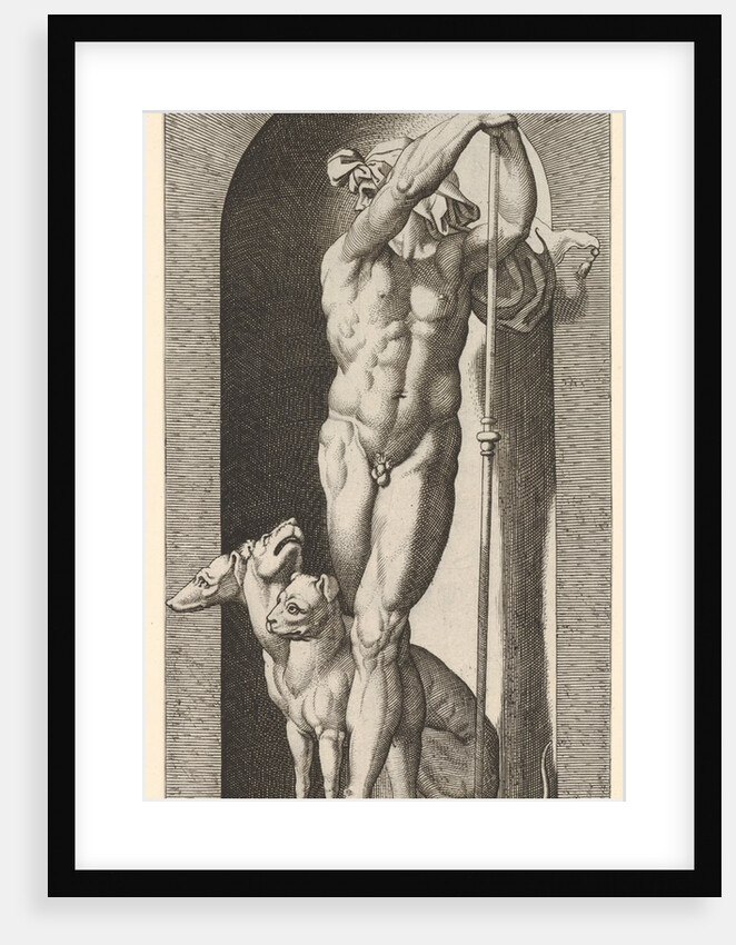 Plate 7: Pluto in a niche, holding a bident, with Cerberus next to him, from a series of m…, 1526 by Giovanni Jacopo Caraglio