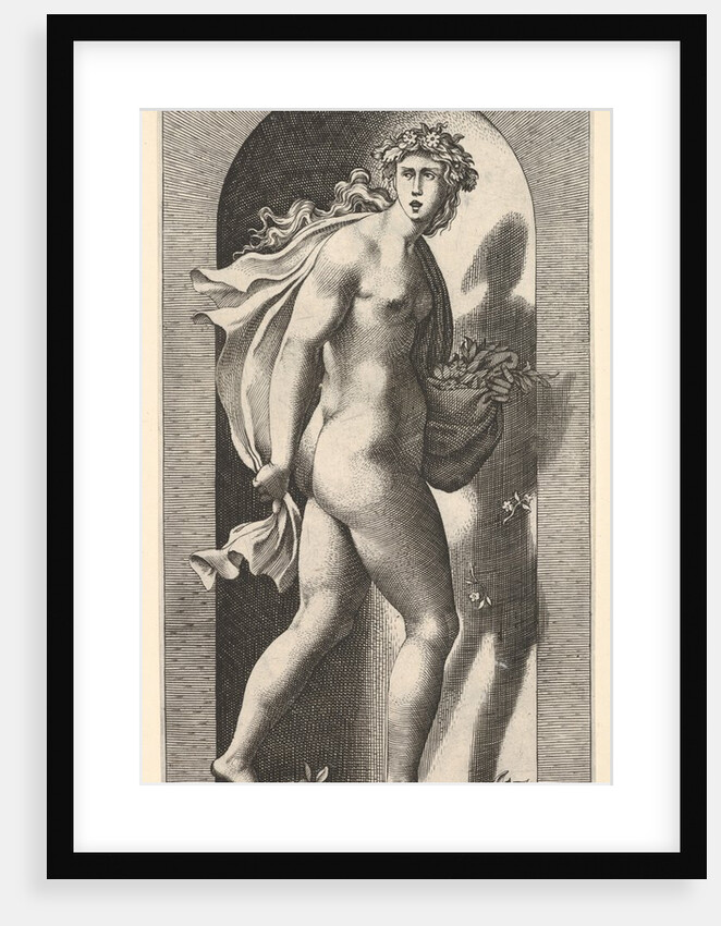 Plate 8: Prosperpina, standing in a niche, turning to the right while holding mantle in bo…, 1526 by Giovanni Jacopo Caraglio