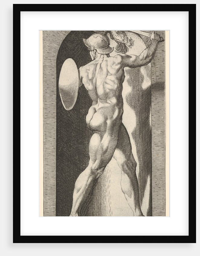 Plate 9: Mars in a niche, holding a sword above his head with his right arm, and a shield …, 1526 by Giovanni Jacopo Caraglio