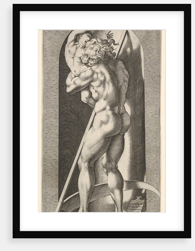 Plate 1: Saturn in a niche devouring his son, standing before a scythe, from a series of m…, 1526 by Giovanni Jacopo Caraglio
