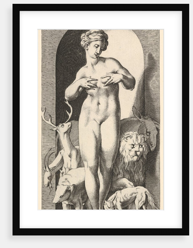 Plate 2: Ops standing in a niche with her hands at her breasts, looking to her left, with …, 1526 by Giovanni Jacopo Caraglio
