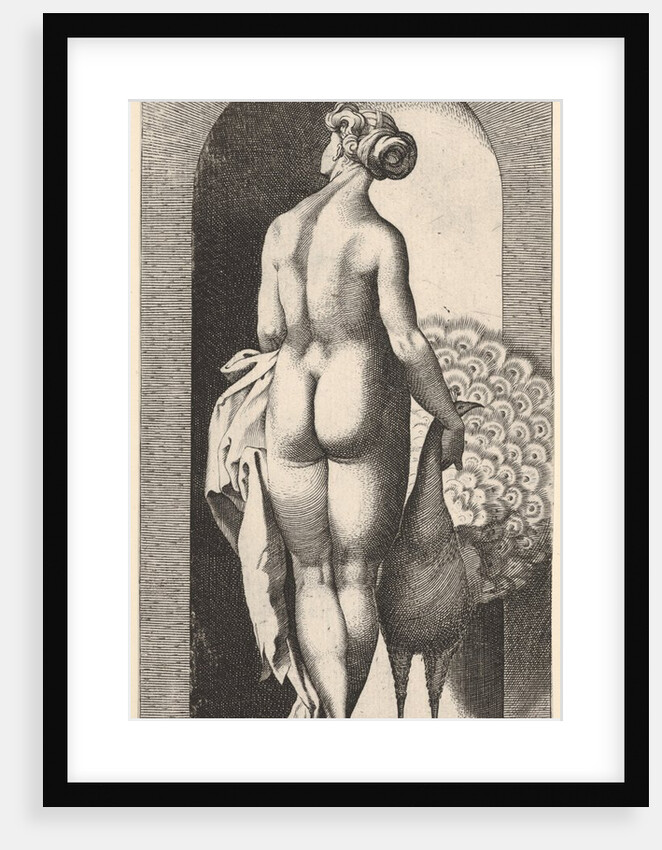 Plate 4: Juno standing in a niche, viewed from behind, stroking a peacock to her right, fr…, 1526 by Giovanni Jacopo Caraglio