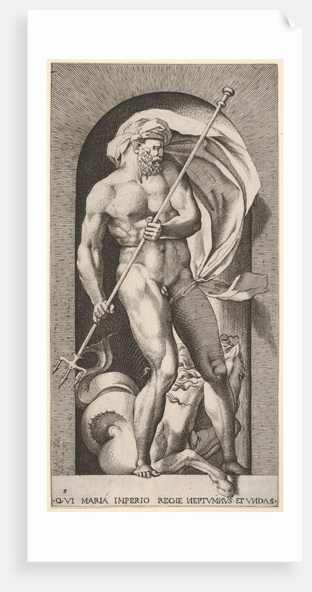 Plate 5: Neptune standing in a niche holding a trident, with a hippocampus beh…, 1526 by Giovanni Jacopo Caraglio