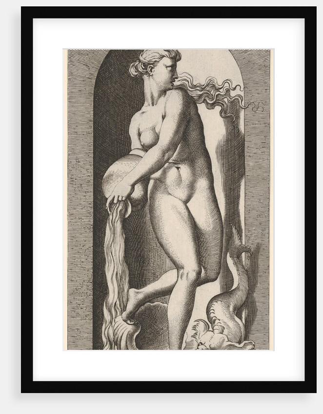 Plate 6: Thetis standing in a niche with a shell and sea creature, pouring water out of a …, 1526 by Giovanni Jacopo Caraglio