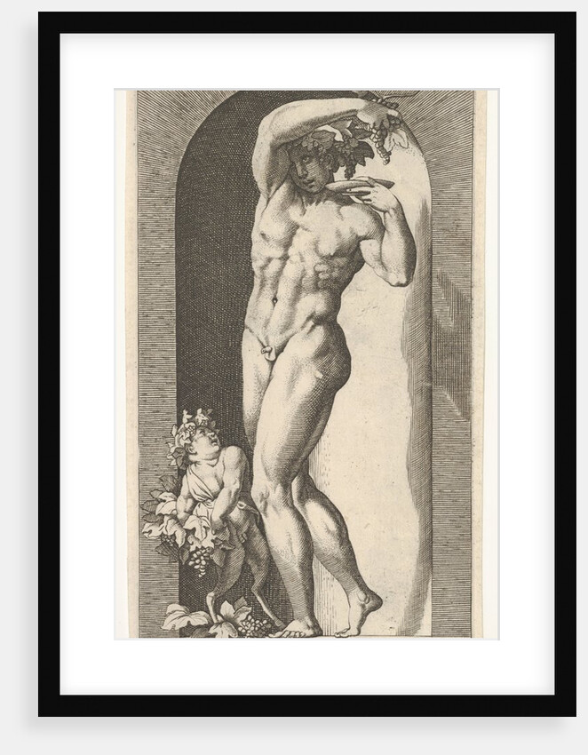 Plate 17: Bacchus standing in a niche, holding grapes over a plate, accompanied by an infa…, 1526 by Giovanni Jacopo Caraglio