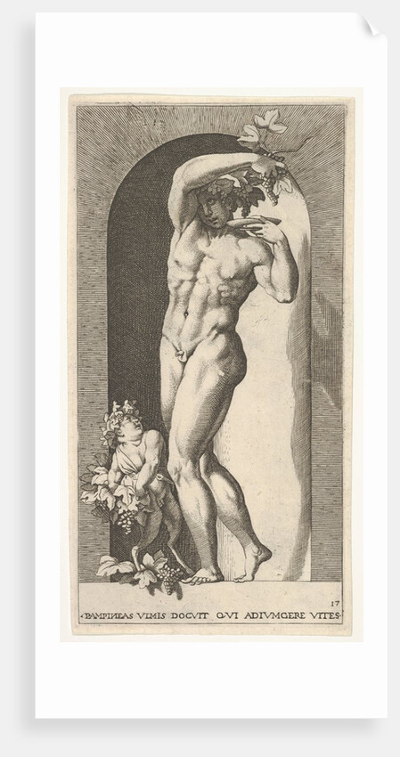 Plate 17: Bacchus standing in a niche, holding grapes over a plate, accompanied by an infa…, 1526 by Giovanni Jacopo Caraglio