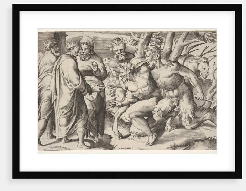 Two satyrs leading Silenus to King Midas, who stands at left with two male attendan…, ca. 1550-80 by Giulio Bonasone