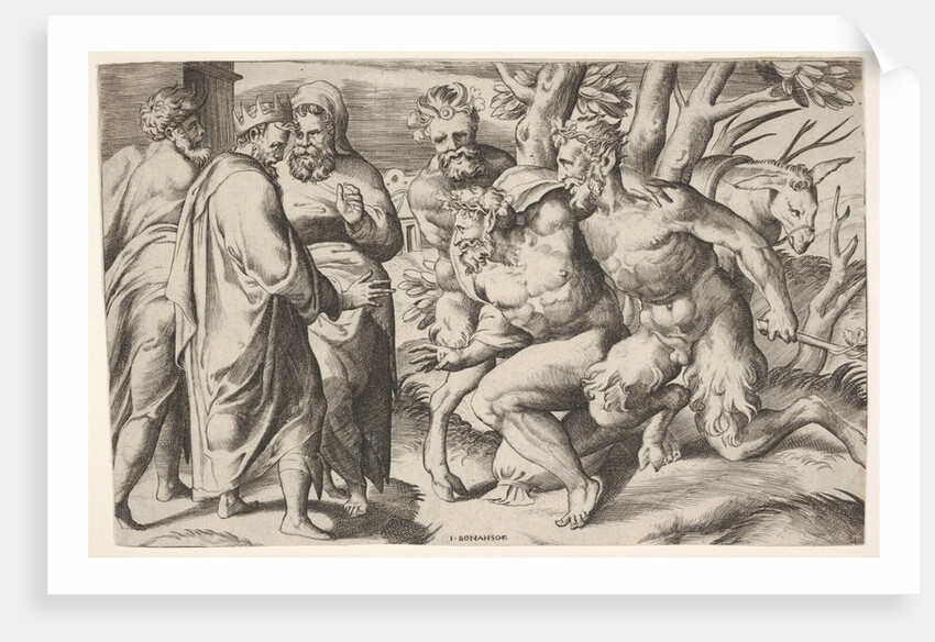 Two satyrs leading Silenus to King Midas, who stands at left with two male attendan…, ca. 1550-80 by Giulio Bonasone