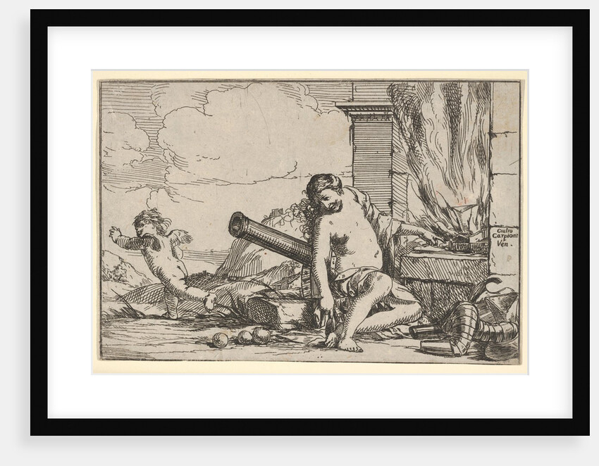 Fire, represented by Venus seated before Vulcan's forge, with armor, a cannon, and cann…, 1640-60 by Giulio Carpioni