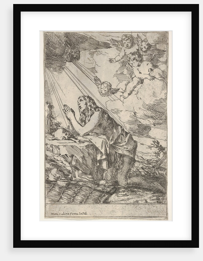 Penitent Magdalen kneeling on a rocky ground before a skull and bones, an ointment …, ca. 1640-55 by Giulio Carpioni
