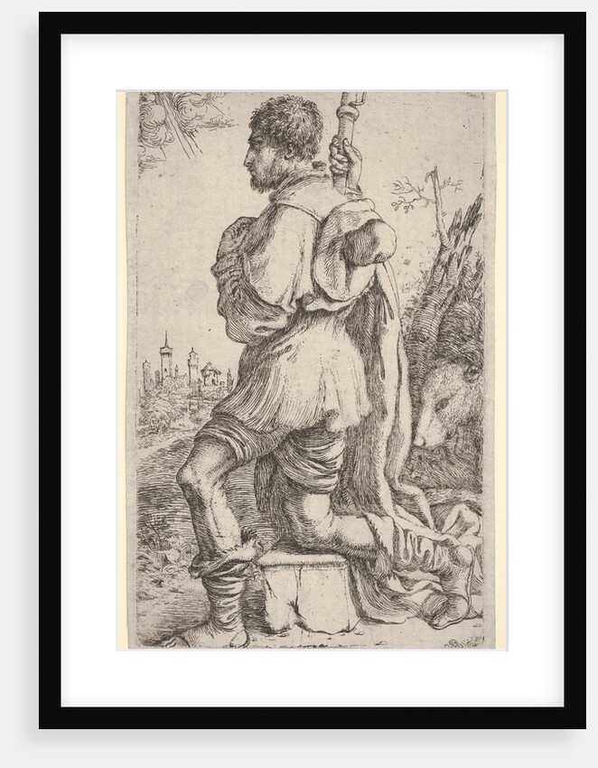 Saint Roch, kneeling on a stone, seen from the side with his dog behind him and a towns…, 1620-30 by Giuseppe Caletti