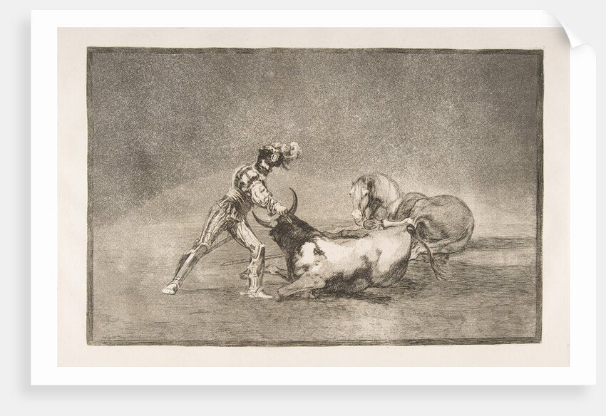 Plate 9 of the 'Tauromaquia': A Spanish knight kills the bull after having lost his horse., 1816 by Francisco Goya