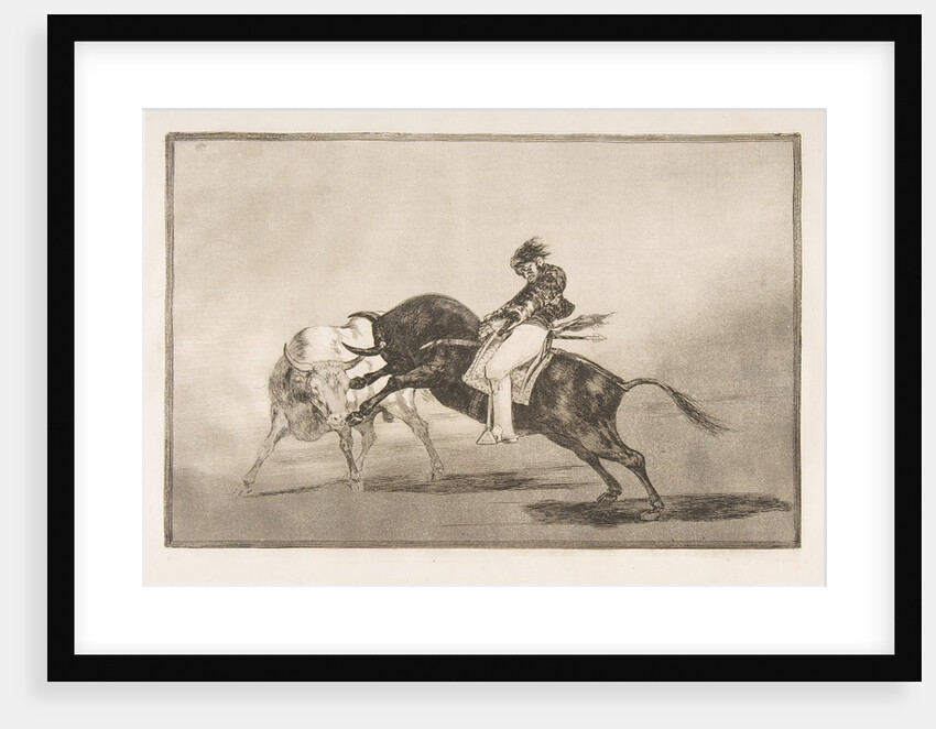 Plate 24 of the 'Tauromaquia': The same Ceballos mounted on another bull breaks short spea…, 1816 by Francisco Goya