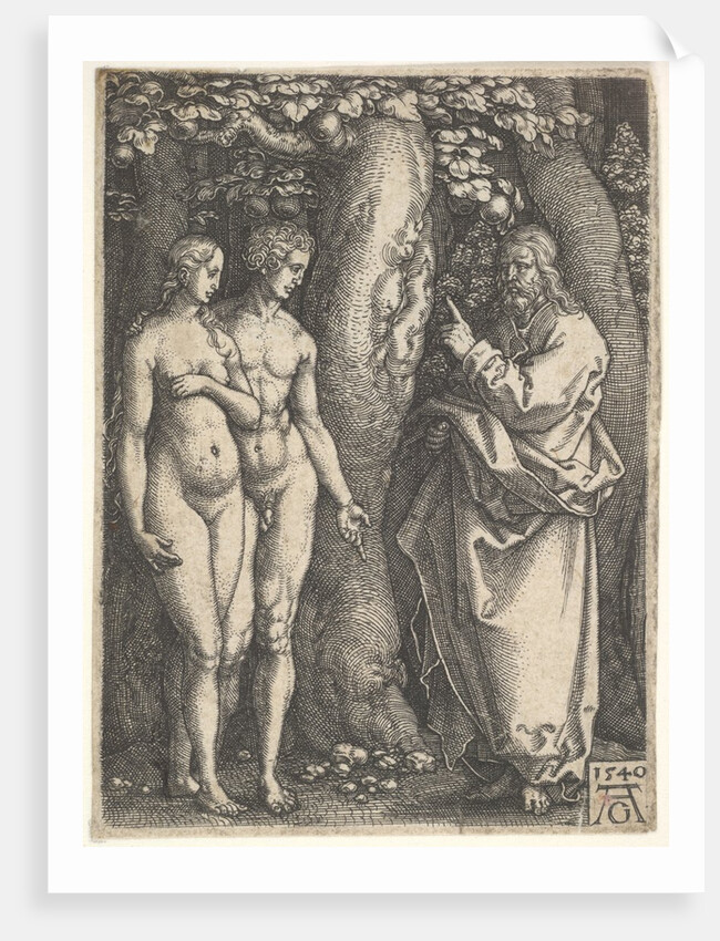 God at right forbidding the nude Adam and Eve at left to eat from the tree of knowledge in…, 1540 by Heinrich Aldegrever
