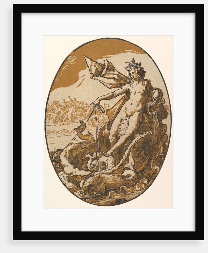 Tethys reclining in a giant shell chariot pulled by two sea creatures, 1588-90 by Hendrik Goltzius